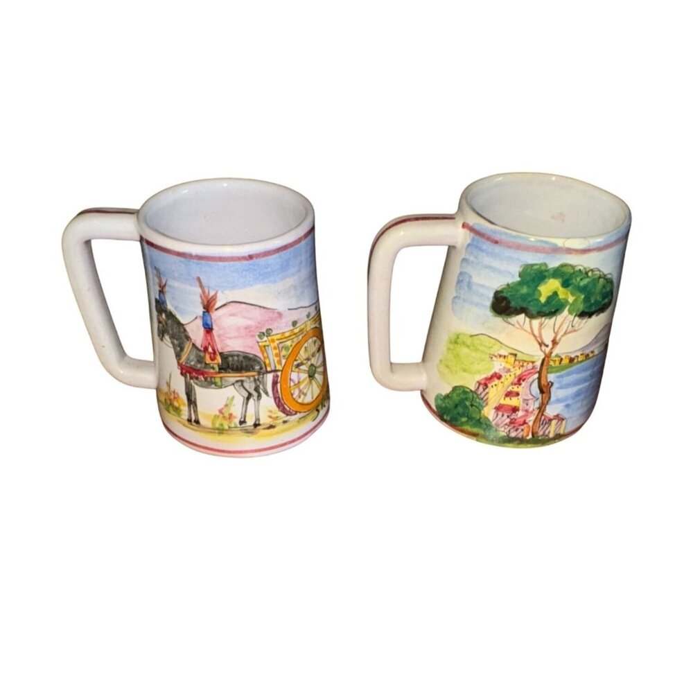 Vintage Mediterranean Cruise Ceramic Mugs 1952-53 Hand-Painted Naples Mule & Lan